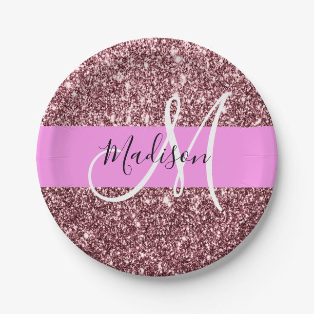 Glam Blush Pink Rose Gold Glitter Sparkle Monogram Paper Plate (Front)