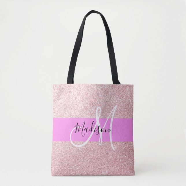 Glam Blush Pink Rose Gold Glitter Sparkle Monogram Tote Bag (Front)