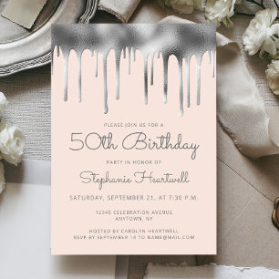 Glam Blush Pink Silver Dripping Foil 50th Birthday Invitation