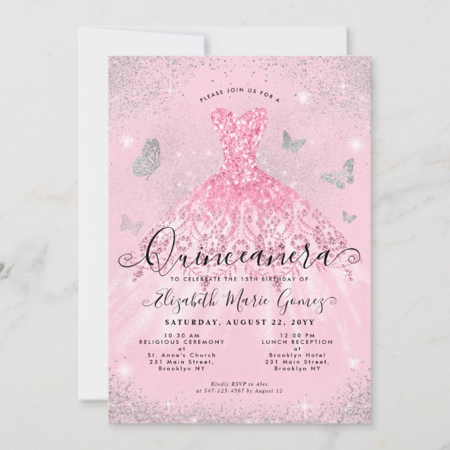 Glam Blush Pink Silver Glitter Gown Quinceanera Invitation (Front)