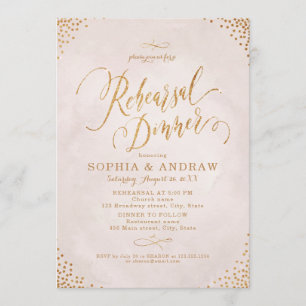 Glam blush rose gold calligraphy Rehearsal Dinner Invitation