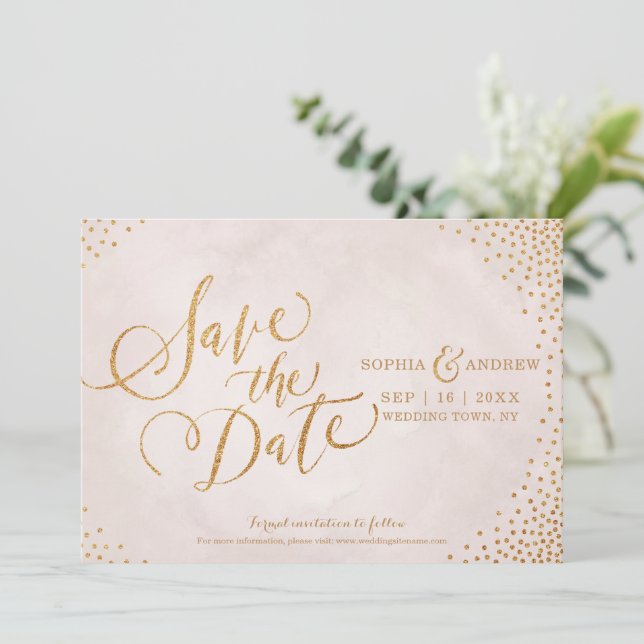 Glam blush rose gold calligraphy save the date (Standing Front)
