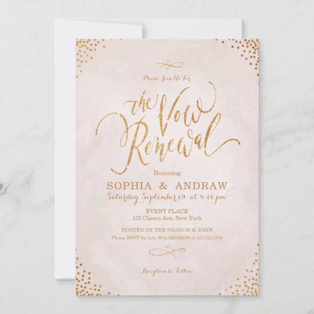 Glam blush rose gold calligraphy vow renewal invitation (Front)
