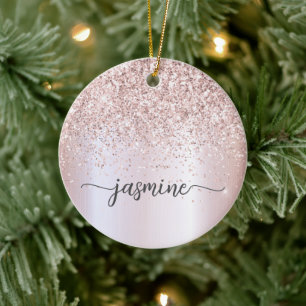 Glam Blush Rose Gold Glitter Monogram Name Script Ceramic Tree Decoration