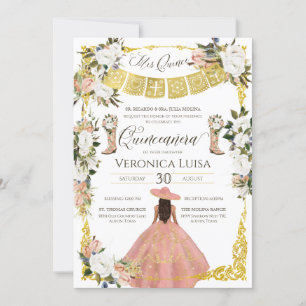 Glam Blush White Gold Charro Floral Quinceañera  I Invitation