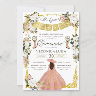 Glam Blush White Gold Charro Floral Quinceañera  Invitation