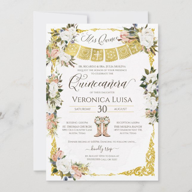 Glam Blush, White with Gold Floral Quinceañera Inv Invitation (Front)
