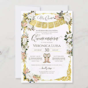 Glam Blush, White with Gold Floral Quinceañera Inv Invitation