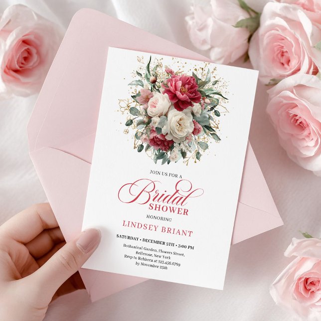 Glam Boho Burgundy Blush Floral Greenery Shower Invitation (Minimal Bohemian Red White Gold Bridal Shower)