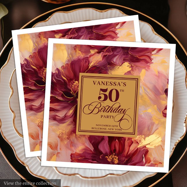 Glam Boho Burgundy Blush Gold Floral 50th Birthday Napkin (Glam Boho Burgundy Blush Gold Floral 50th Birthday Paper Dinner Napkins)