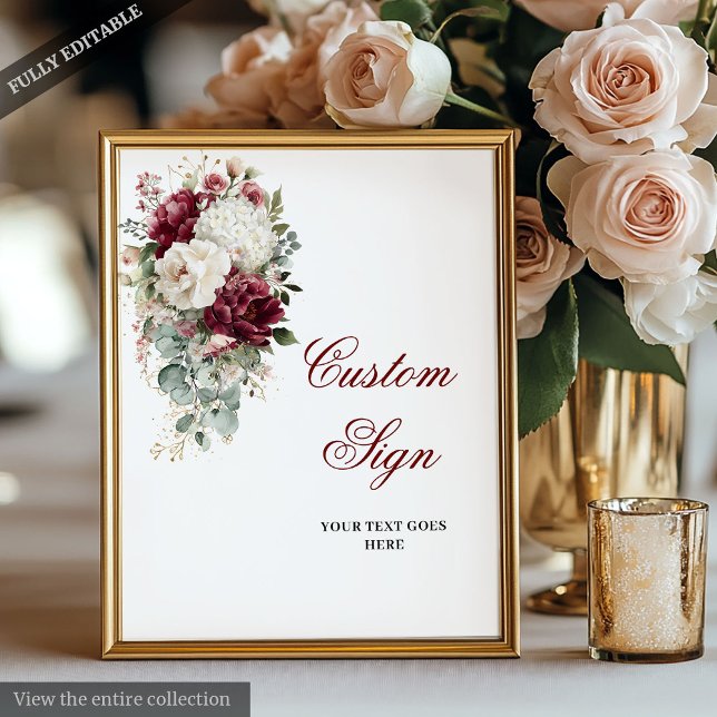 Glam Boho Burgundy White Wedding Custom Sign   (Glam Boho Burgundy White Wedding Custom Sign Poster)