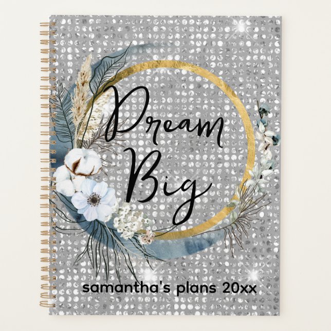 Glam Boho Celestial Moon Faux Silver Glitter Bokeh Planner (Front)