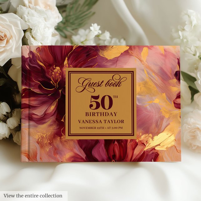 Glam Boho Dark Red Blush Gold Floral 50th Birthday Guest Book (Glam Boho Dark Red Blush Gold Floral 50th Birthday Guest Book)