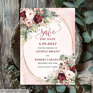 Glam Boho Deep Red Blush Gold Flowers Save Date Invitation
