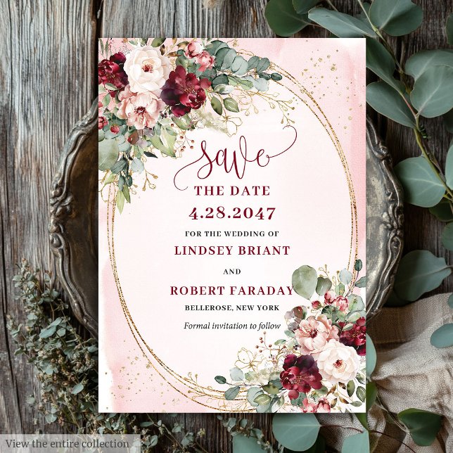 Glam Boho Deep Red Blush Gold Flowers Save Date Invitation (Glam Boho Deep Red Blush Gold Flowers Save Date)