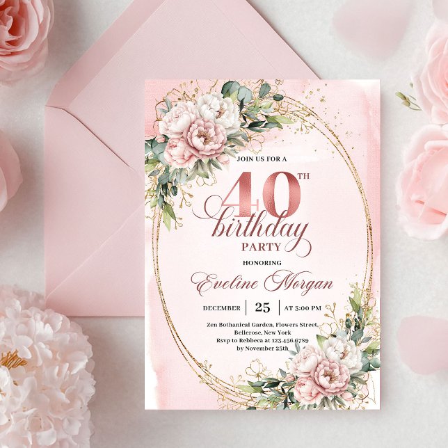 Glam Boho Dusty Pink Flowers 40th Birthday Invite (Glam Boho Dusty Pink Flowers 40th Birthday Invitation)
