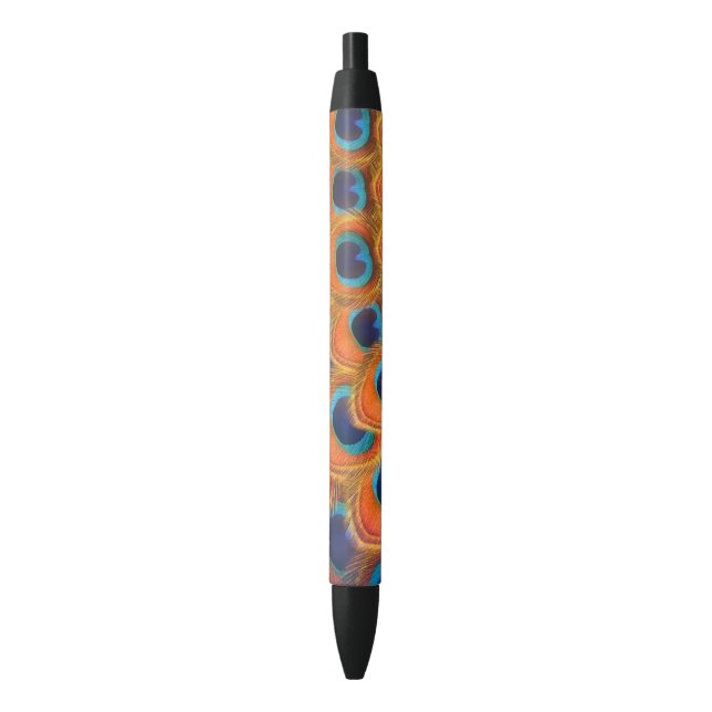 Glam Boho Orange Blue Peacock Feathers Black Ink Pen (Front Vertical)