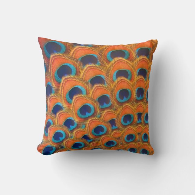 Glam Boho Orange Blue Peacock Feathers Cushion (Front)