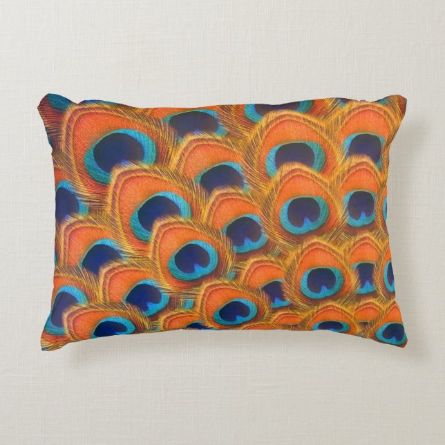 Glam Boho Orange Blue Peacock Feathers Decorative Cushion (Front)