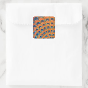 Glam Boho Orange Blue Peacock Feathers Square Sticker