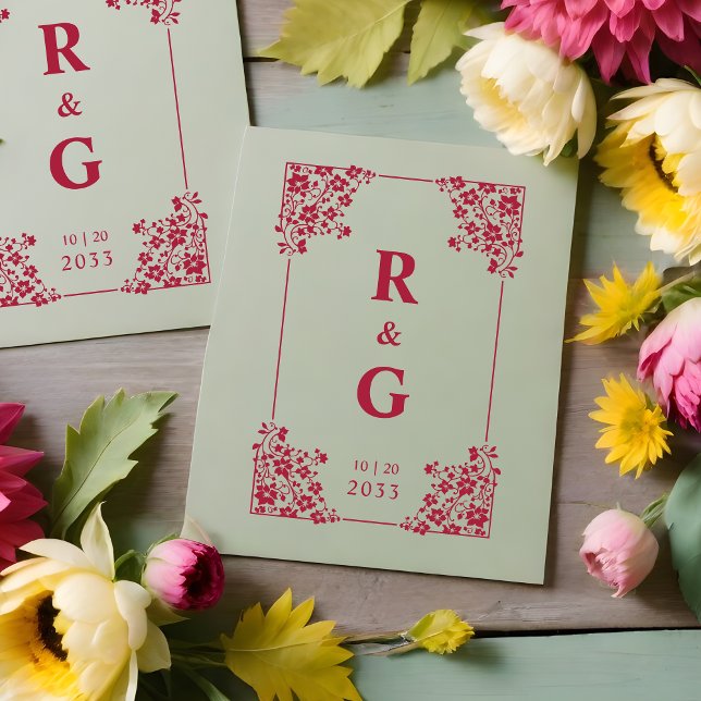 Glam Botanical Frame Wedding Initials Rubber Stamp (Glam Botanical Frame Wedding Initials rubber stamp.)