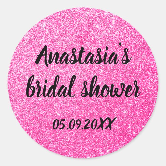 Glam Bridal Shower Hot Pink Glitter Sparkles Name Classic Round Sticker (Front)