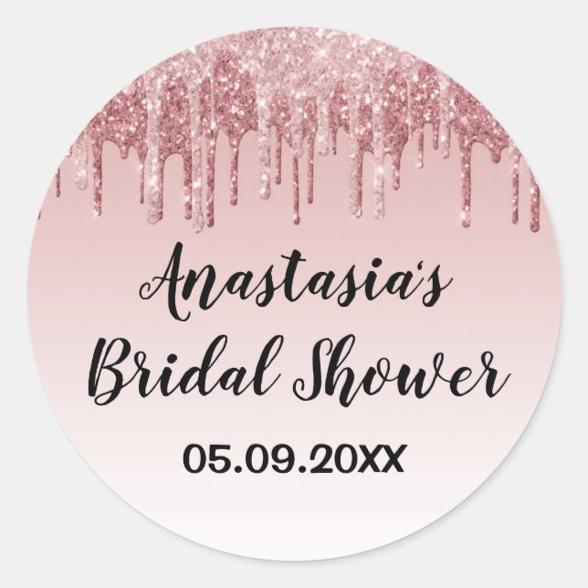 Glam Bridal Shower Pink Rose Gold Glitter Drips Classic Round Sticker (Front)