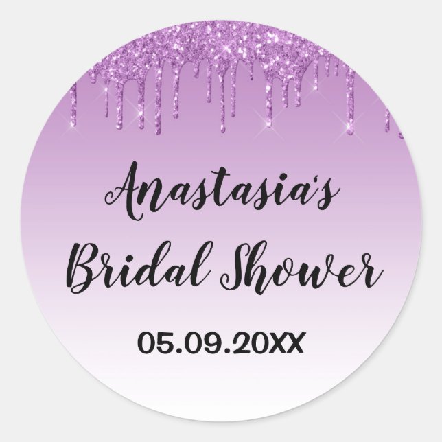 Glam Bridal Shower Purple Glitter Drips Sparkle Classic Round Sticker (Front)