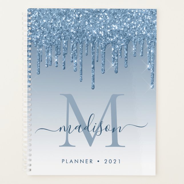 Glam Bright Blue Glitter Drips Girly Monogram 2021 Planner (Front)