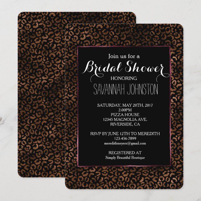 Glam Brown Black Leopard Print bridal shower Invitation (Front/Back)