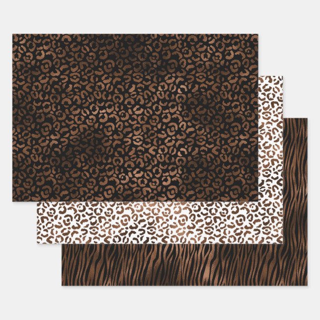 Glam Brown Black Leopard Print Wrapping Paper Sheet (Set)