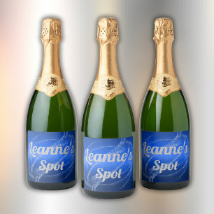 Glam Brushed Metal and Glitter Blue Monogram   Sparkling Wine Label