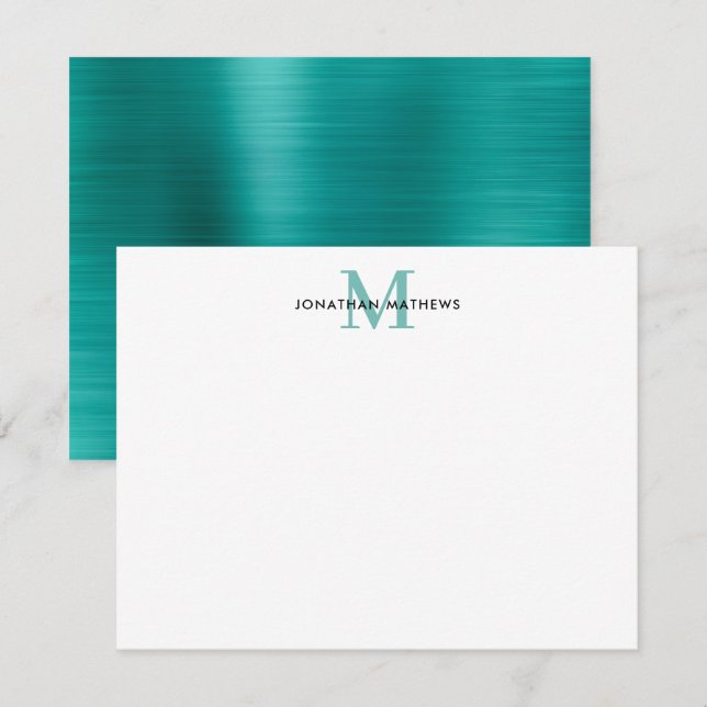 Glam Brushed Metal Teal Green Classic Monogram Card (Front/Back)