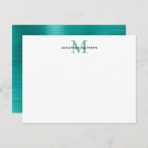 Glam Brushed Metal Teal Green Classic Monogram Card