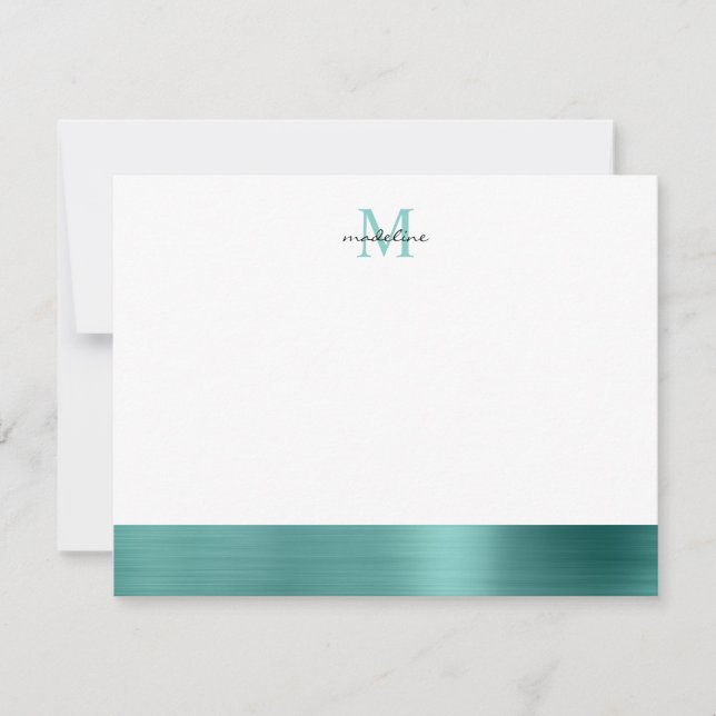 Glam Brushed Metal Teal Green Girly Monogram Card (Front)