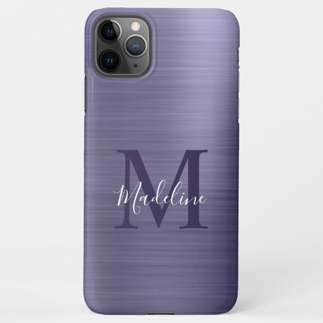 Glam Brushed Metallic Midnight Purple Monogram iPhone Case (Back)