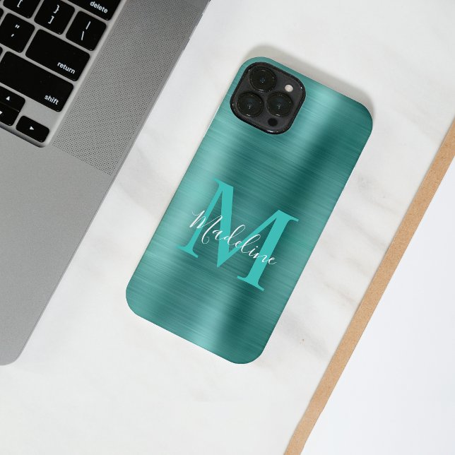 Glam Brushed Metallic Teal Elegant Script Monogram iPhone Case (Creator Uploaded)