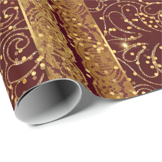Glam Burgunde Wood Golden Foil Floral Lace Wrapping Paper (Roll Corner)