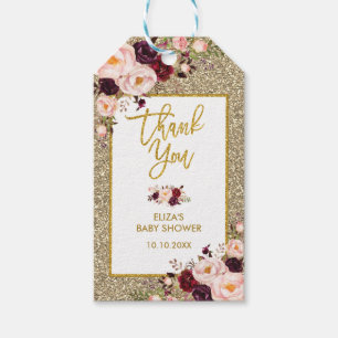 Glam Burgundy Blush Flower Glitter Thank You Favou Gift Tags