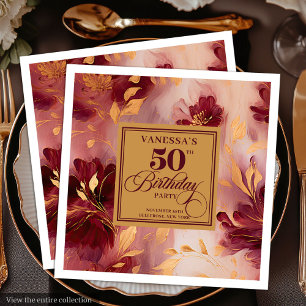 Glam Burgundy Blush Gold Floral 50th Birthday Napkin
