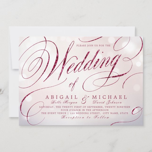 Glam burgundy calligraphy vintage wedding invitation (Front)
