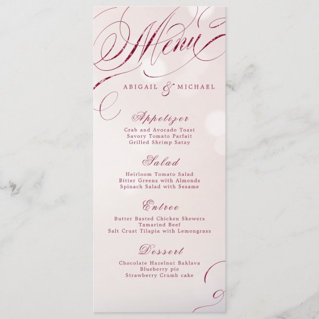Glam burgundy calligraphy vintage wedding menu (Front)
