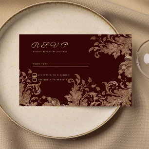 Glam burgundy gold floral luxury lace RSVP Invitation