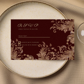 Glam burgundy gold floral luxury lace RSVP Invitation