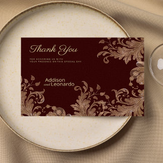 Glam burgundy gold floral luxury lace Thank You Invitation