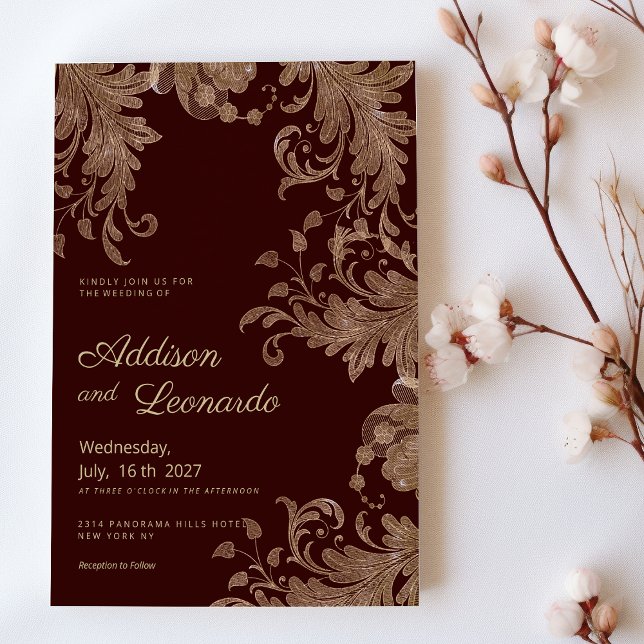Glam burgundy gold floral luxury lace Wedding  Invitation (Glam burgundy gold floral luxury lace Wedding)