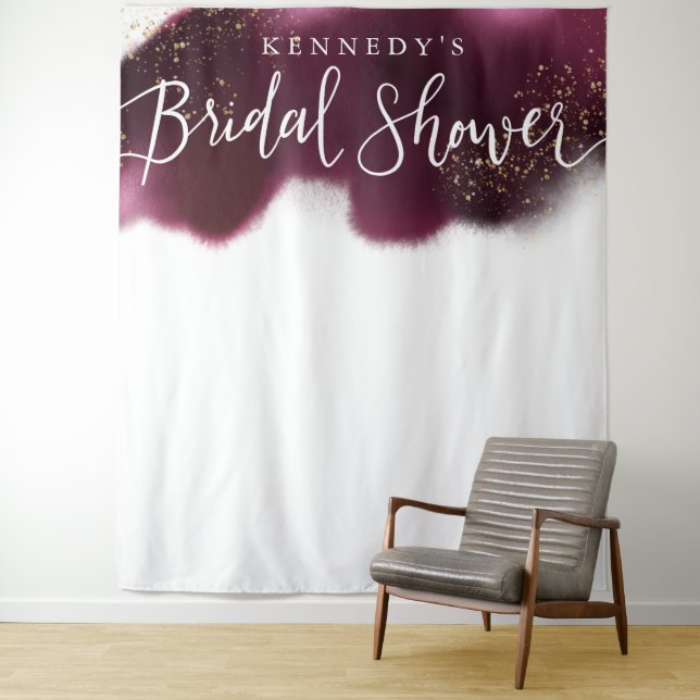 Glam Burgundy Gold Glitter Bridal Shower Backdrop Tapestry (In Situ)