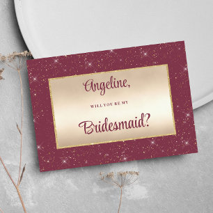 Glam burgundy gold glitter confetti Bridesmaid Invitation
