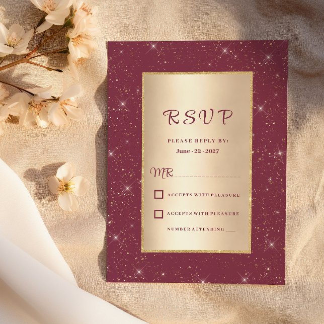 Glam burgundy gold glitter confetti RSVP  Invitation (Glam burgundy gold glitter confetti RSVP)