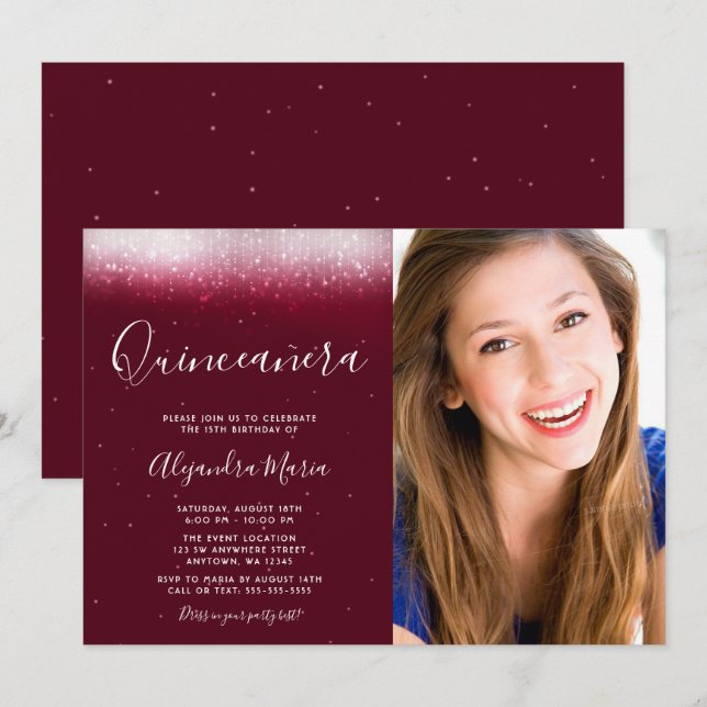 Glam Burgundy Quinceanera Photo Invitation (Front/Back)